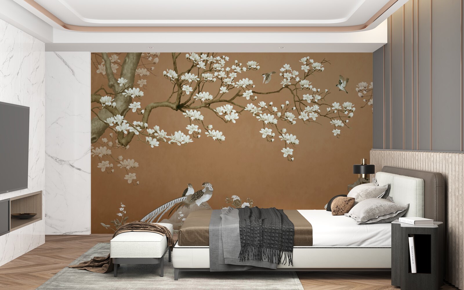 Fototapet flori de cireș și păsări în alb ca zăpada