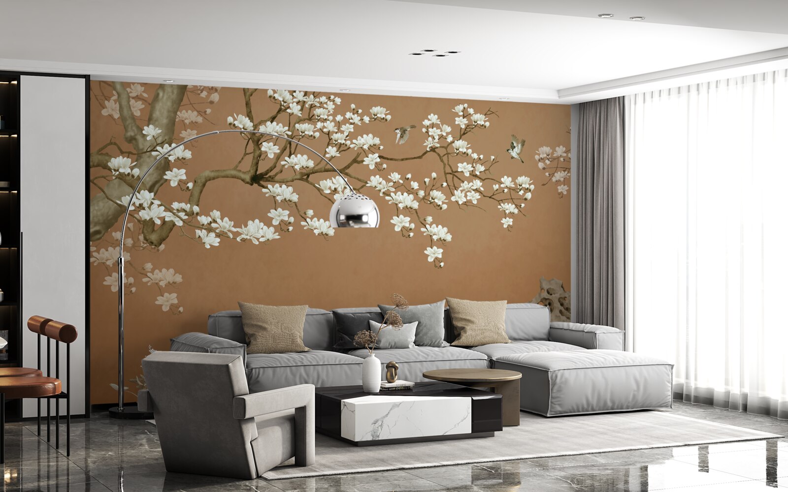 Fototapet flori de cireș și păsări în alb ca zăpada