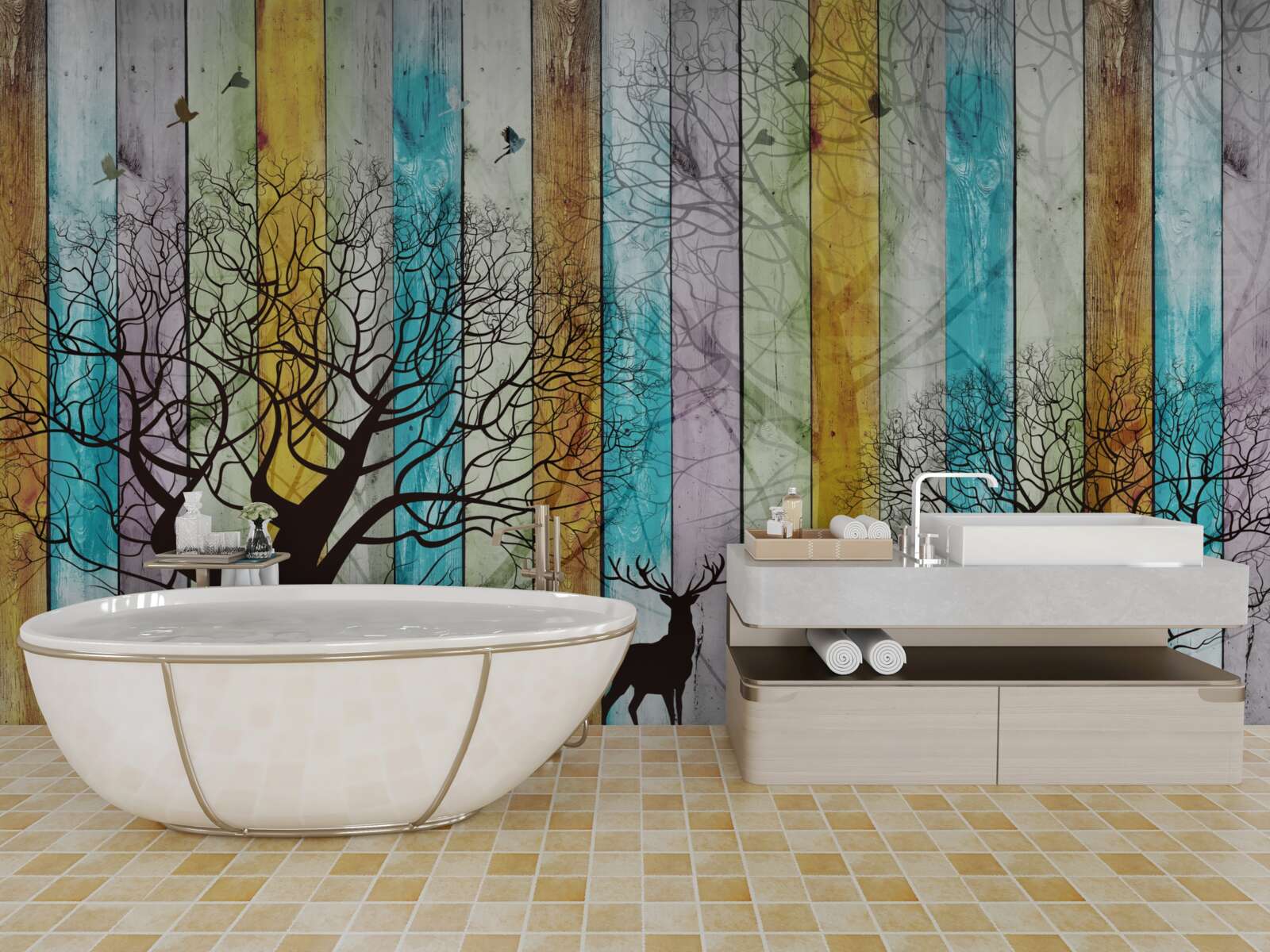 Fototapet contururi de copaci și elani