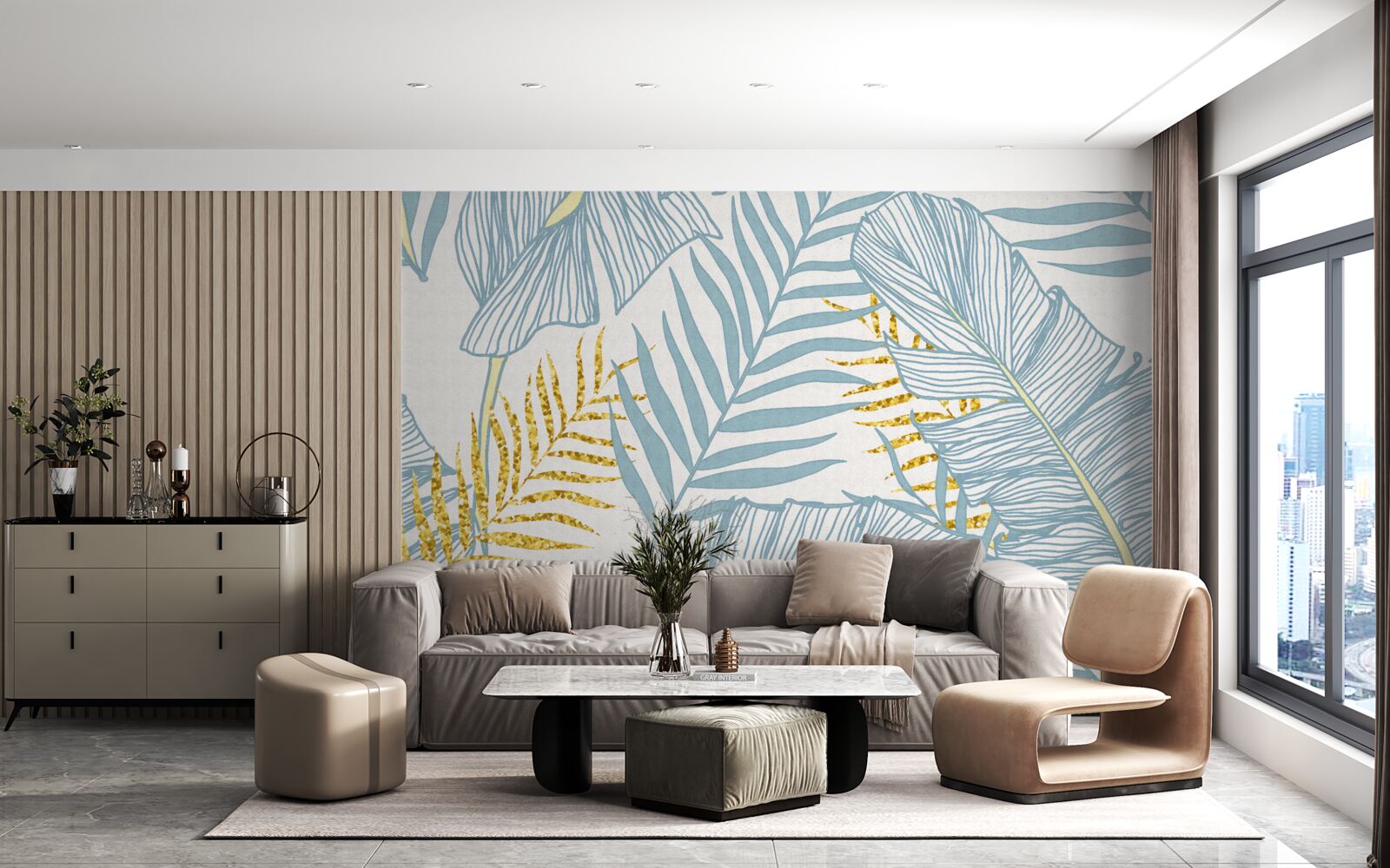 Fototapet pene în nuanțe de albastru și auriu