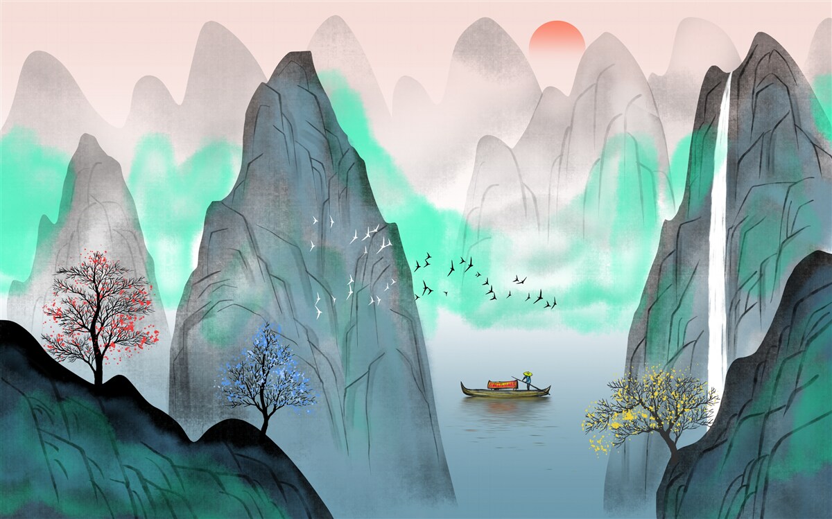 Fototapet apus de soare în munții abstracți