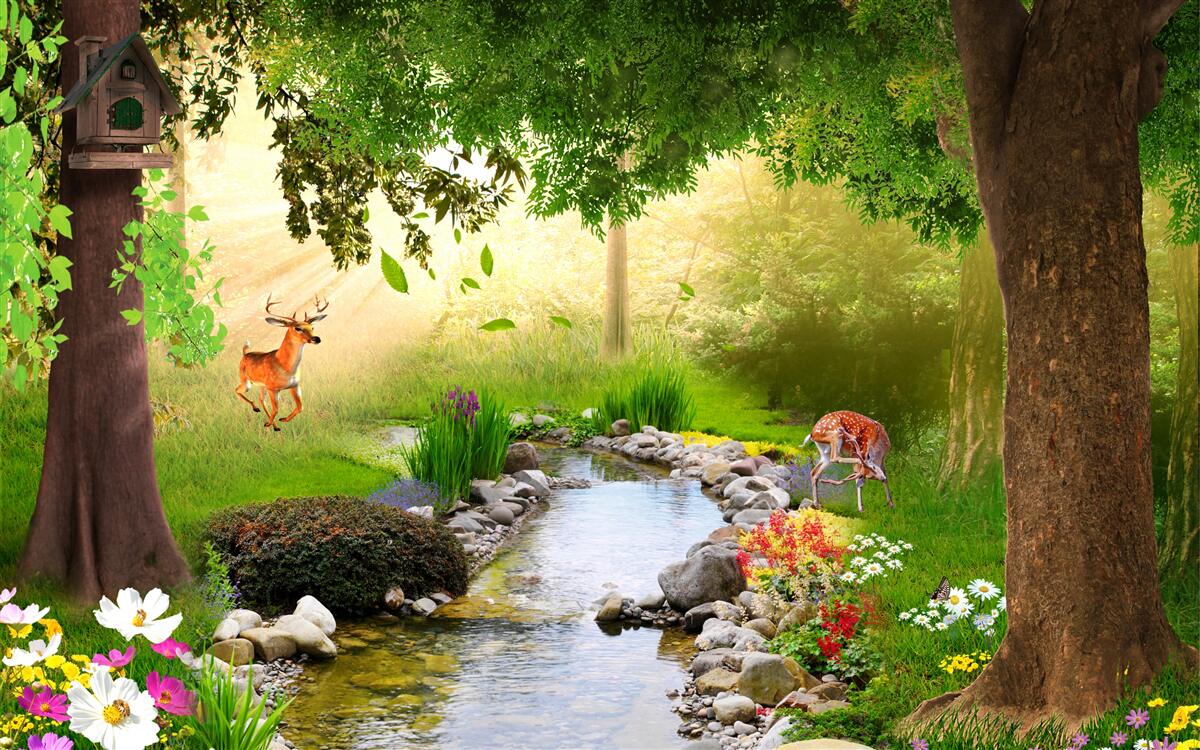 Fototapet stand de căprioare lângă râul forestier