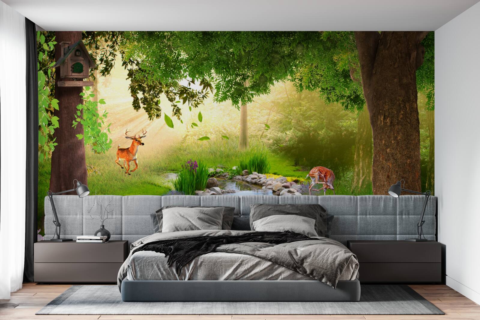 Fototapet stand de căprioare lângă râul forestier