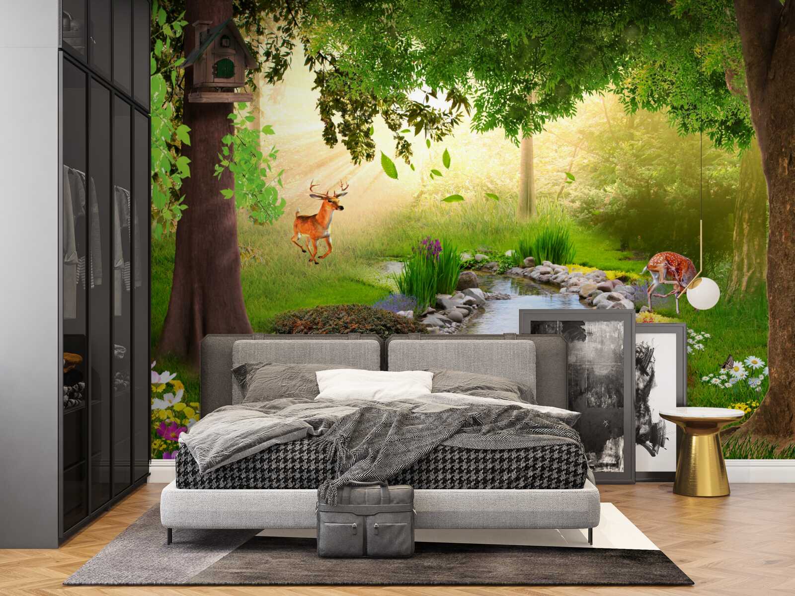 Fototapet stand de căprioare lângă râul forestier