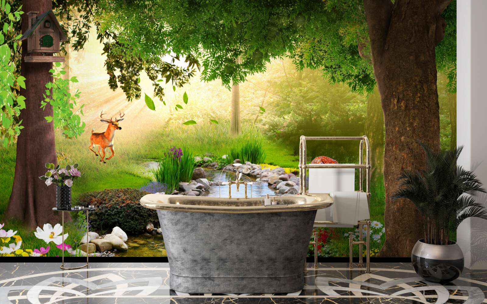 Fototapet stand de căprioare lângă râul forestier