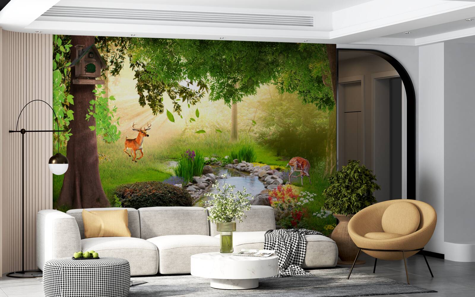 Fototapet stand de căprioare lângă râul forestier