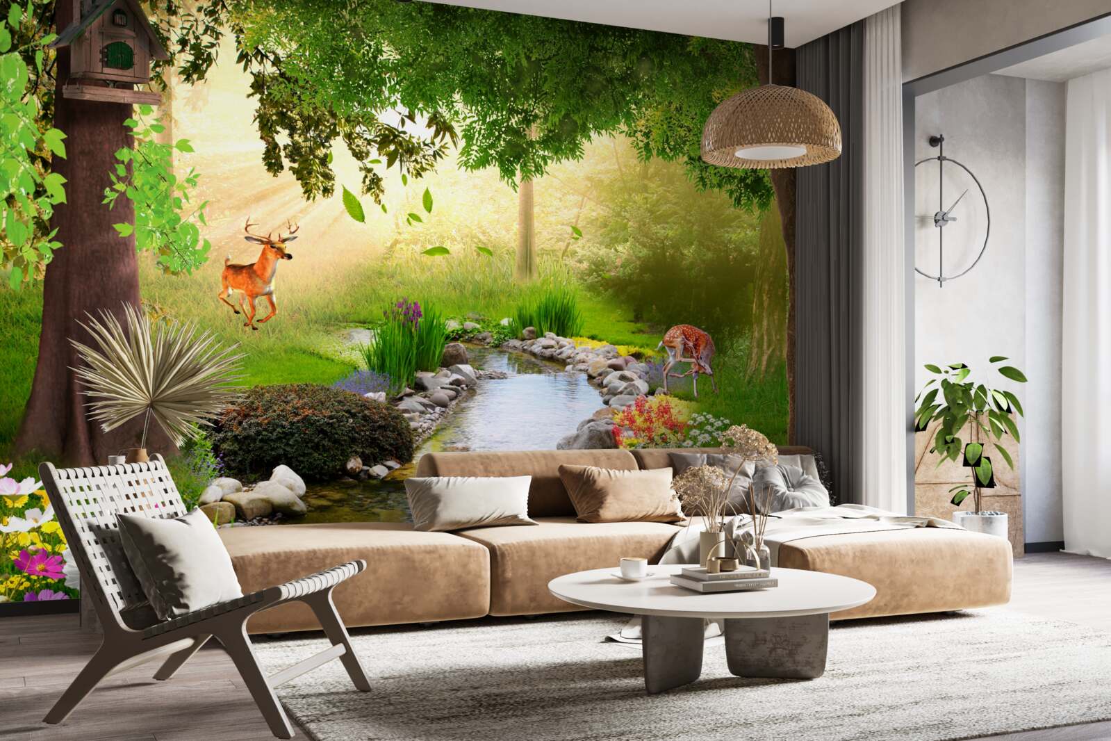 Fototapet stand de căprioare lângă râul forestier