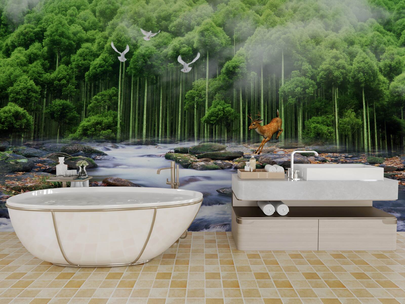 Fototapet natura pădurii și cascade