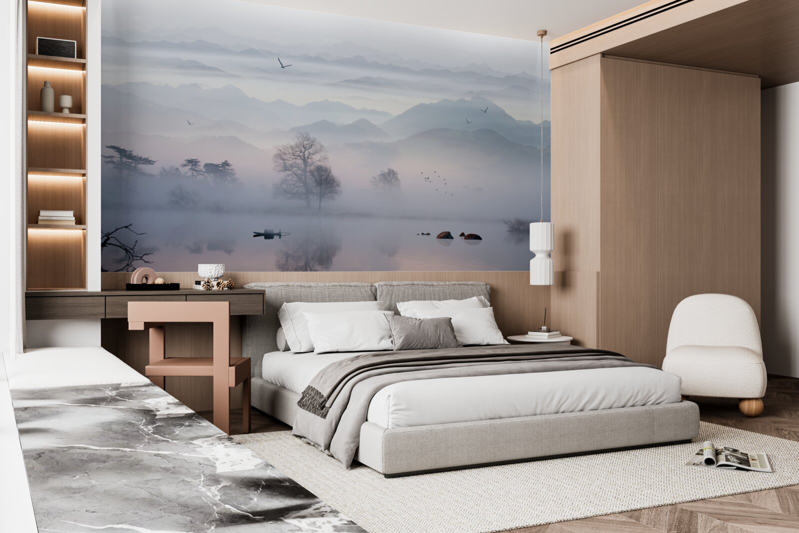 Fototapet ceață de dimineață pe apa lacului