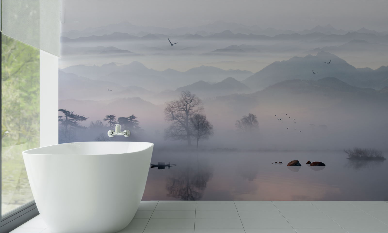 Fototapet ceață de dimineață pe apa lacului