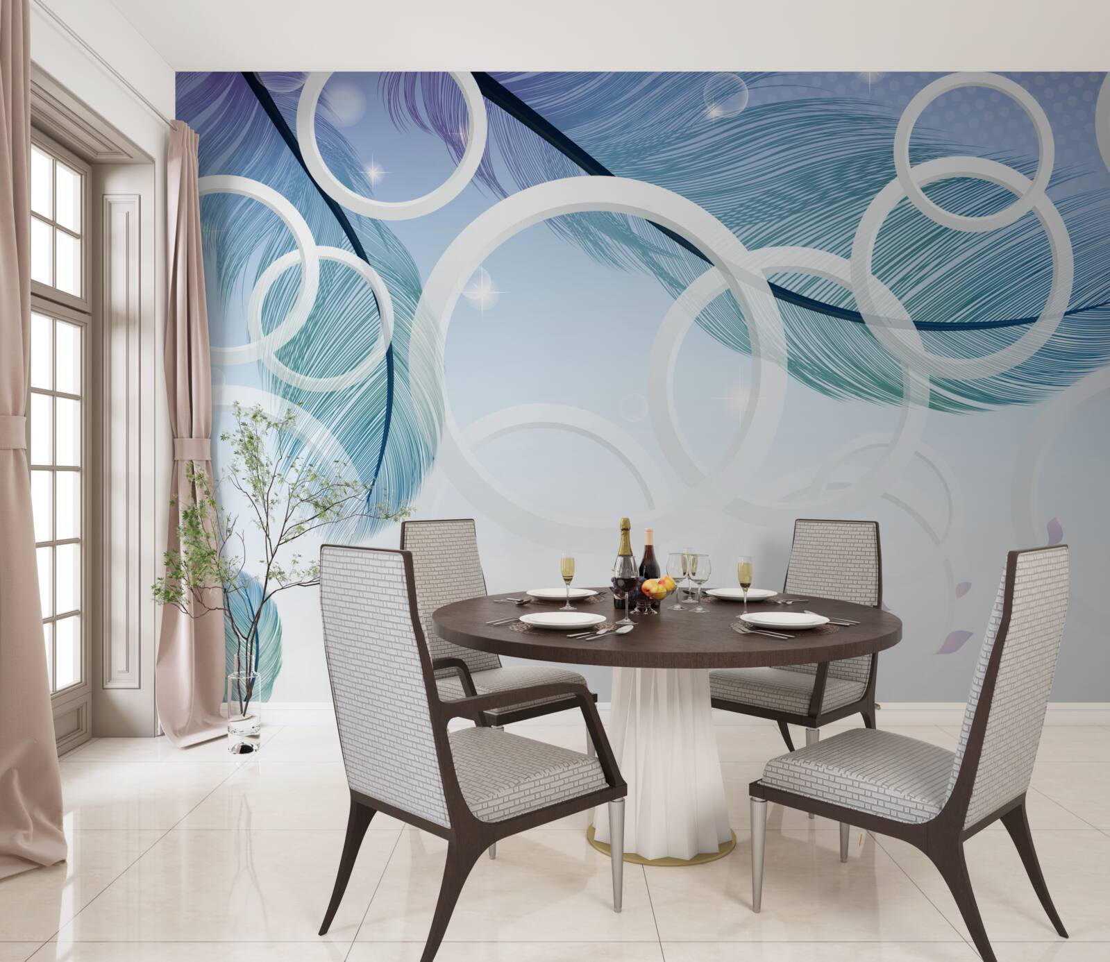 Fototapet roți mari albe și pene