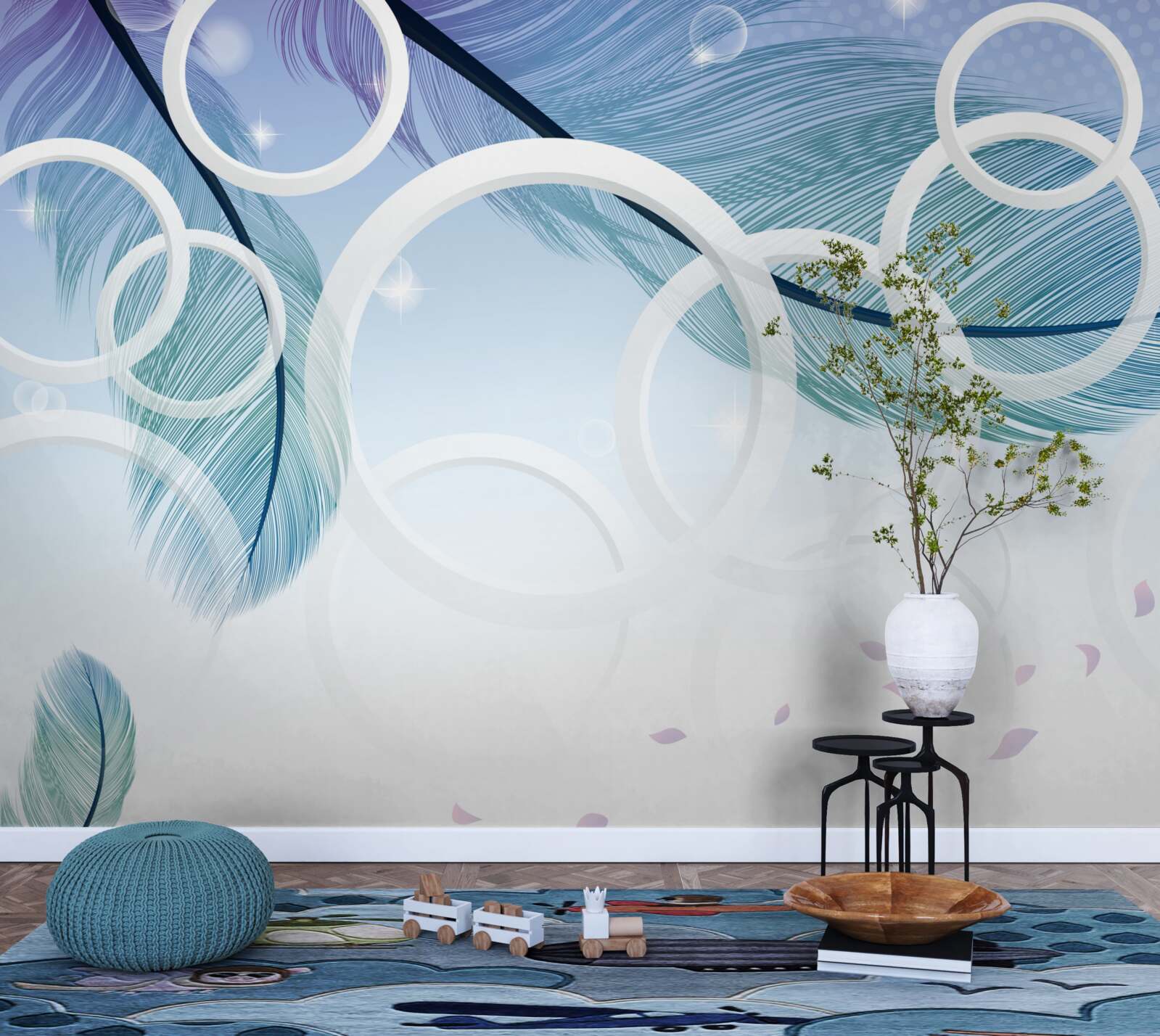 Fototapet roți mari albe și pene