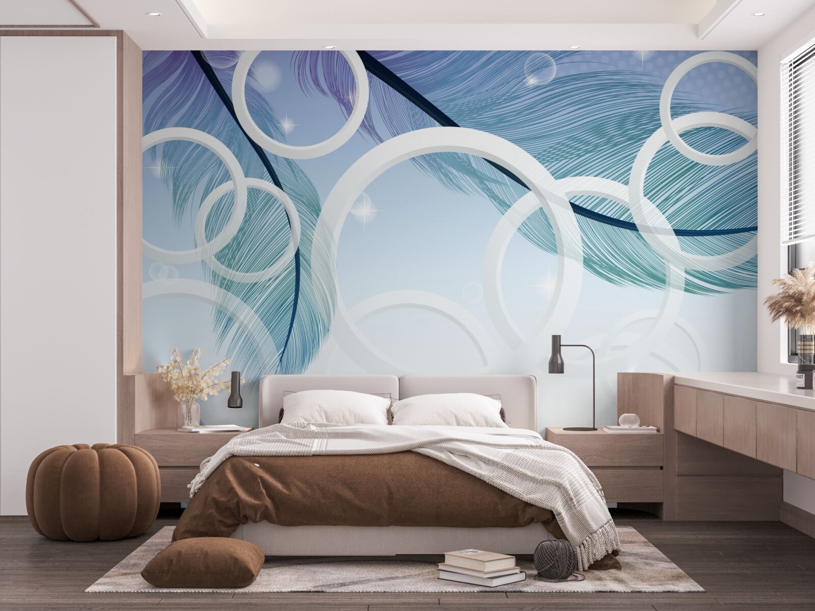 Fototapet roți mari albe și pene