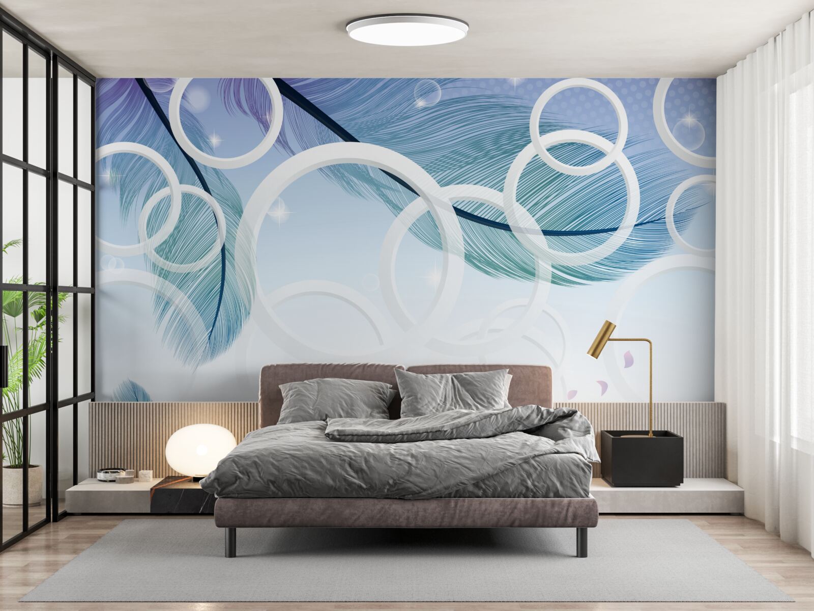 Fototapet roți mari albe și pene