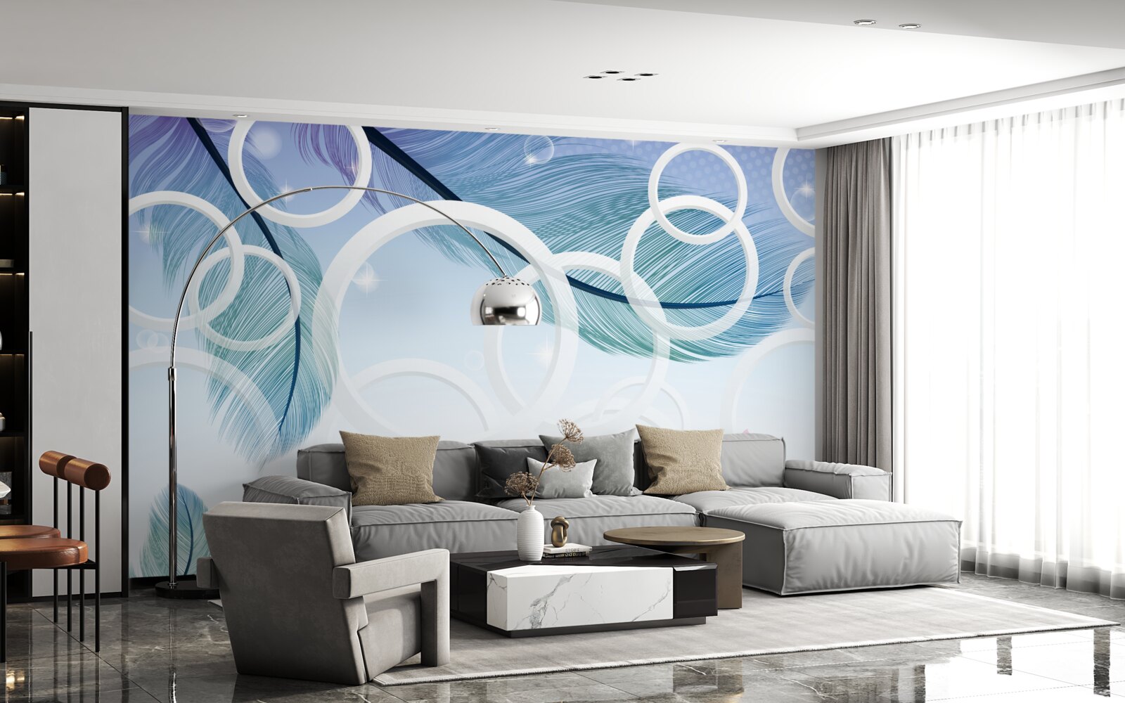 Fototapet roți mari albe și pene