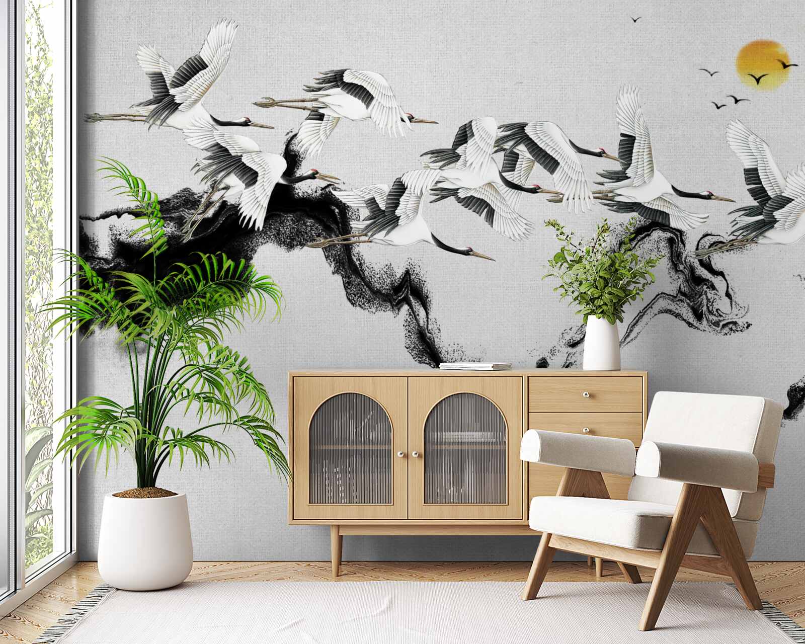 Fototapet grup de cocori japonezi planând spre apus