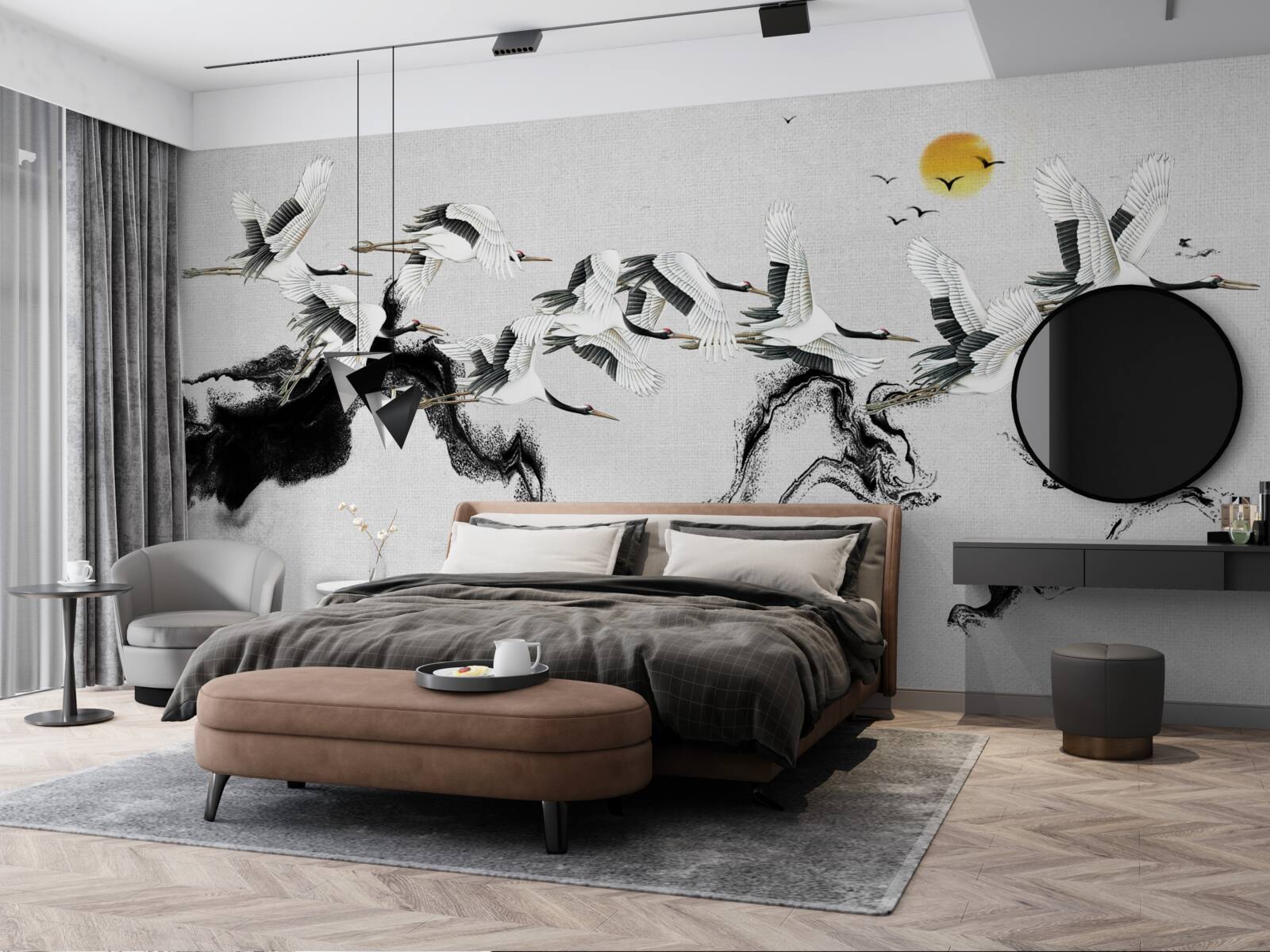 Fototapet grup de cocori japonezi planând spre apus