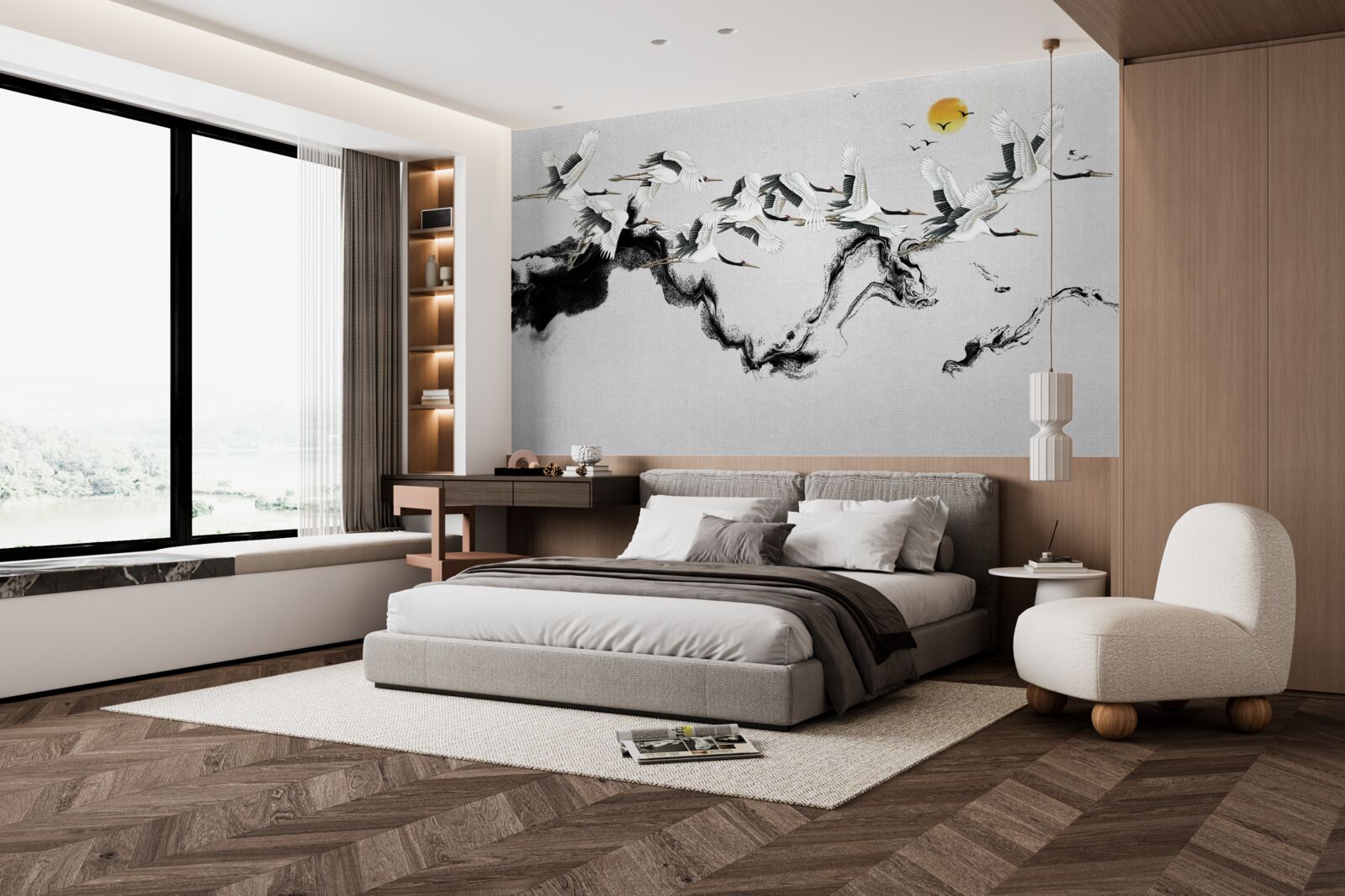 Fototapet grup de cocori japonezi planând spre apus