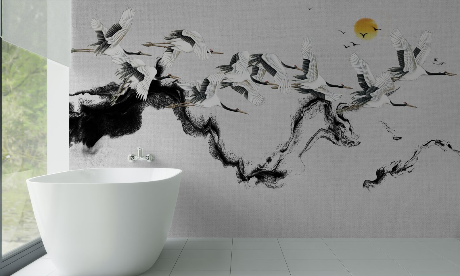 Fototapet grup de cocori japonezi planând spre apus