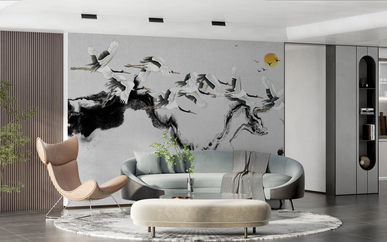 Fototapet grup de cocori japonezi planând spre apus