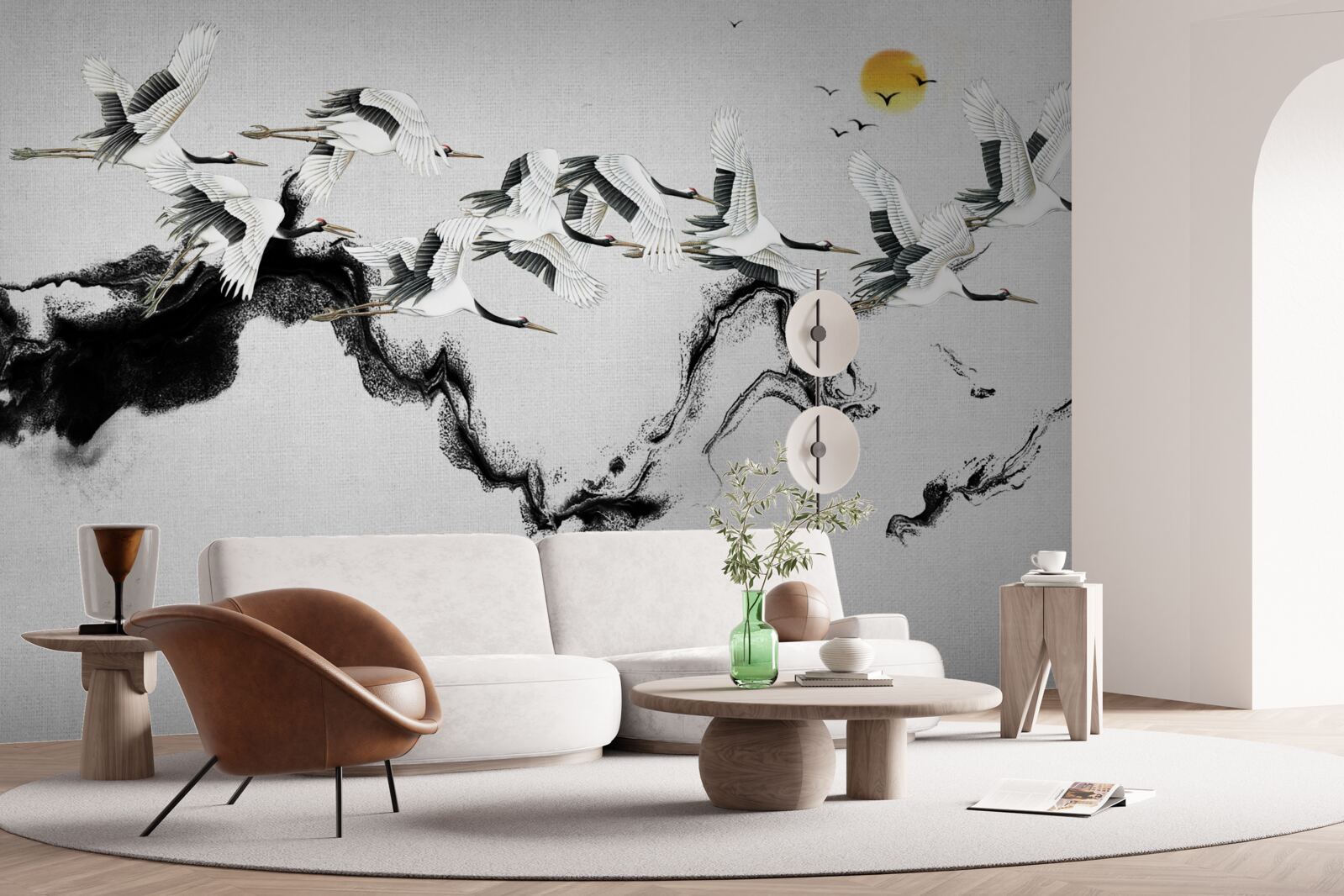 Fototapet grup de cocori japonezi planând spre apus