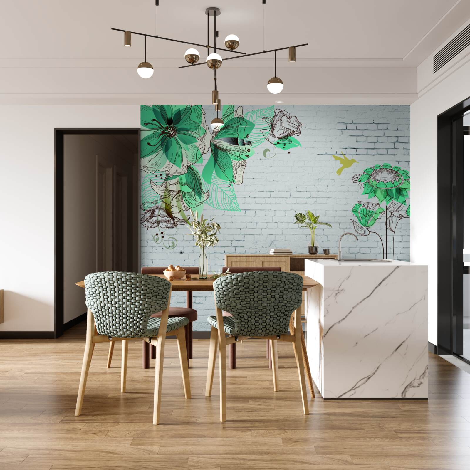 Fototapet flori turcoaz pe cărămizi albe