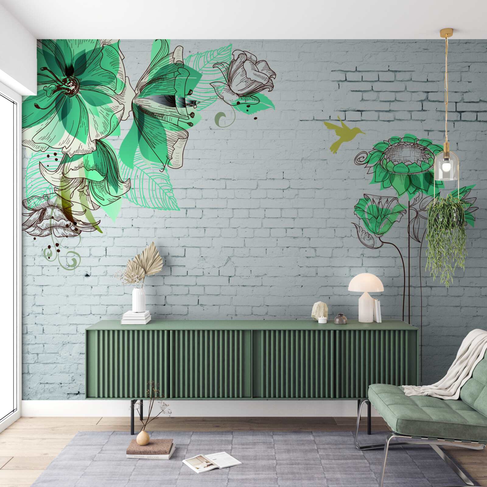 Fototapet flori turcoaz pe cărămizi albe