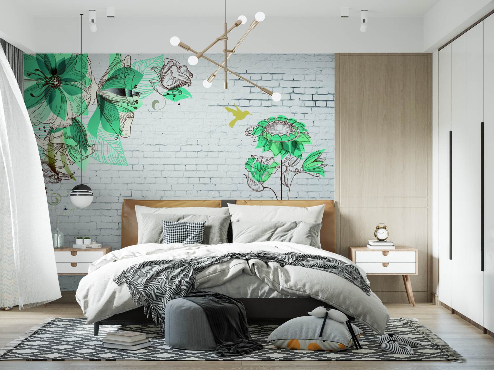 Fototapet flori turcoaz pe cărămizi albe