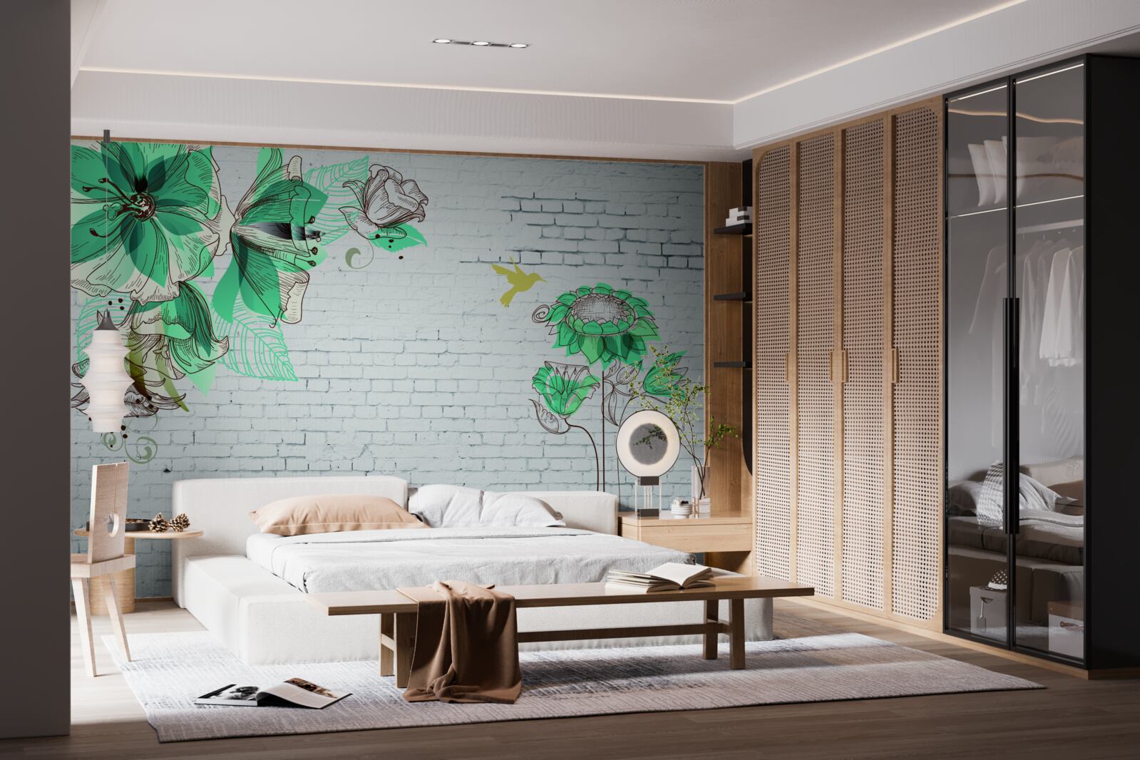 Fototapet flori turcoaz pe cărămizi albe