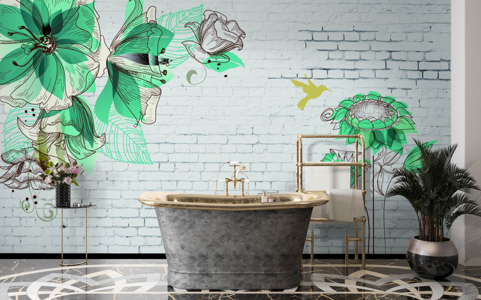 Fototapet flori turcoaz pe cărămizi albe