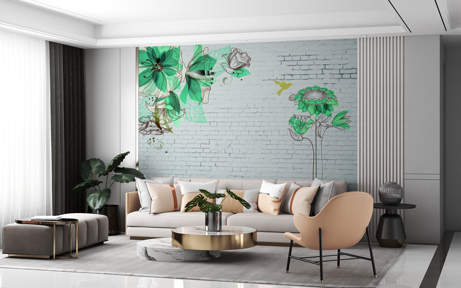 Fototapet flori turcoaz pe cărămizi albe