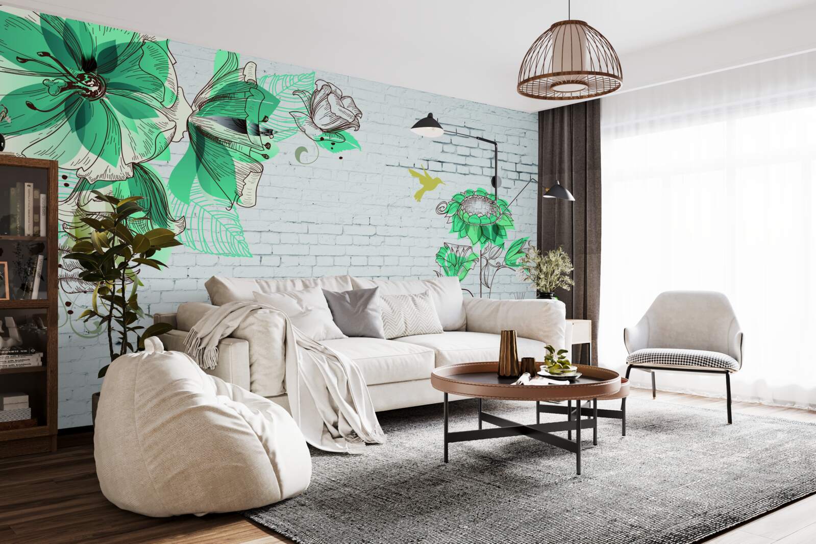 Fototapet flori turcoaz pe cărămizi albe