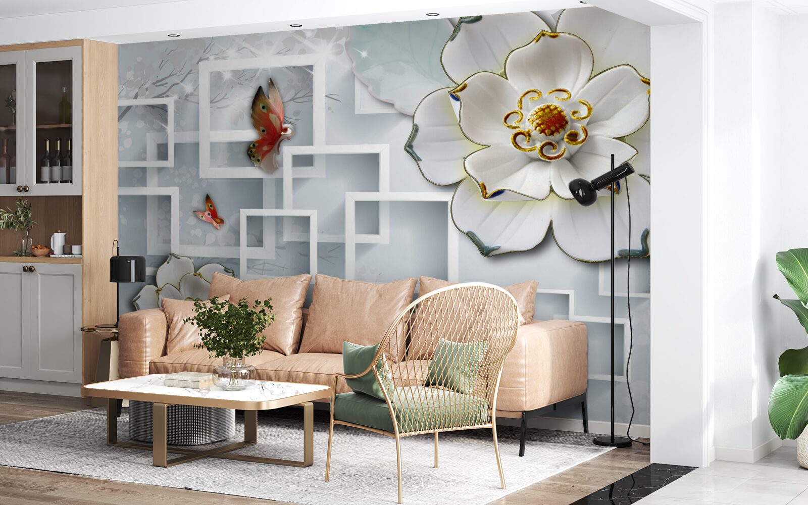 Fototapet forme geometrice și lotuși albi