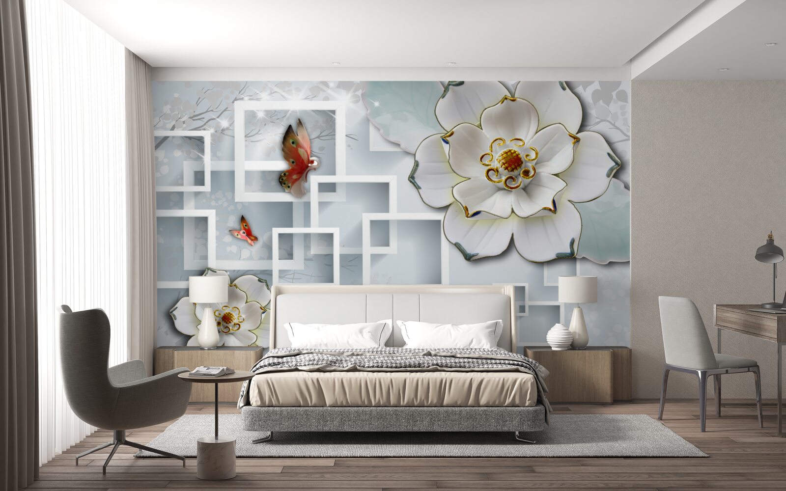 Fototapet forme geometrice și lotuși albi