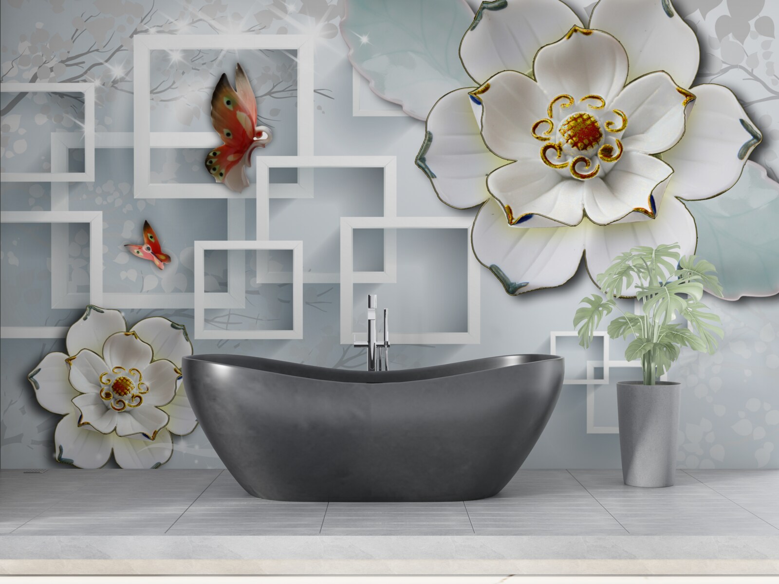 Fototapet forme geometrice și lotuși albi