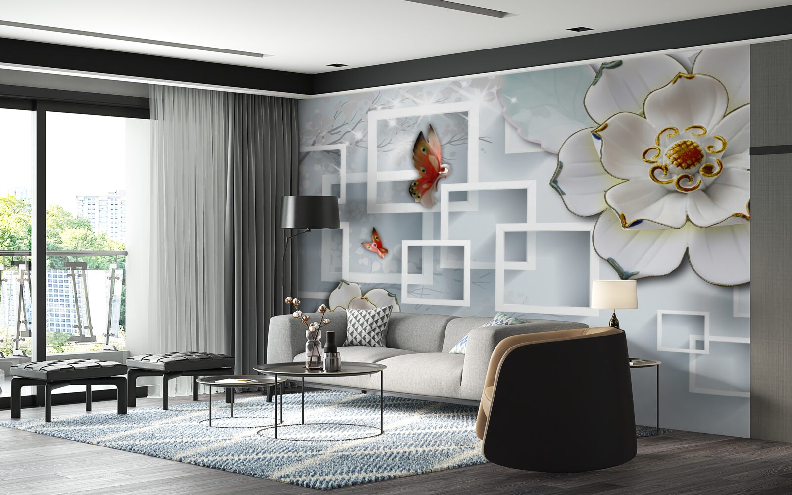 Fototapet forme geometrice și lotuși albi