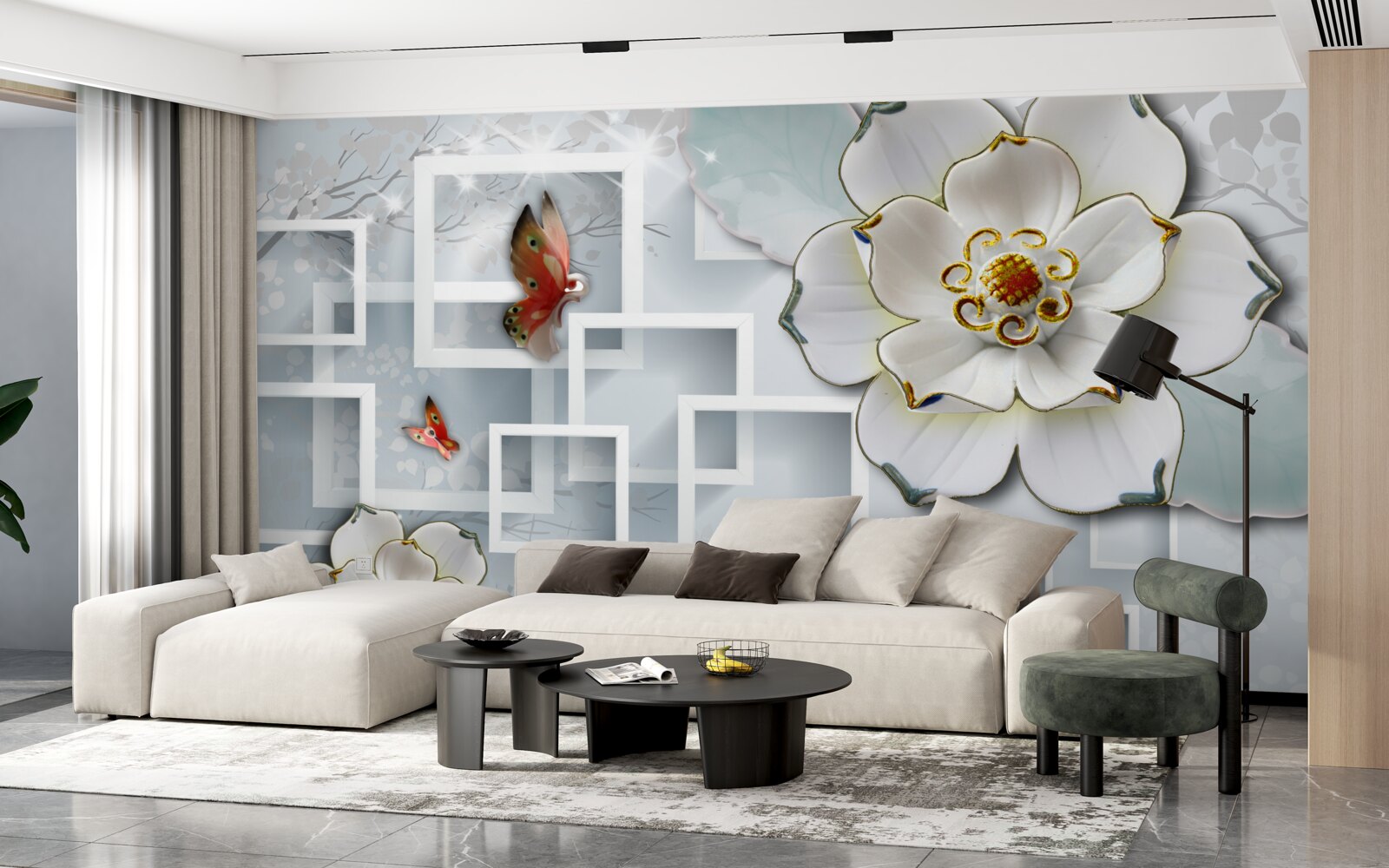 Fototapet forme geometrice și lotuși albi