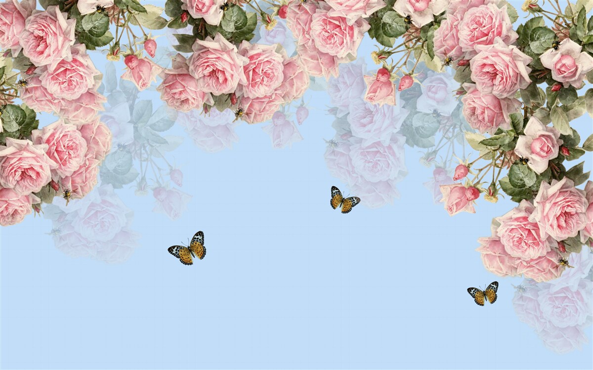 Fototapet trandafiri roz pe un fundal albastru