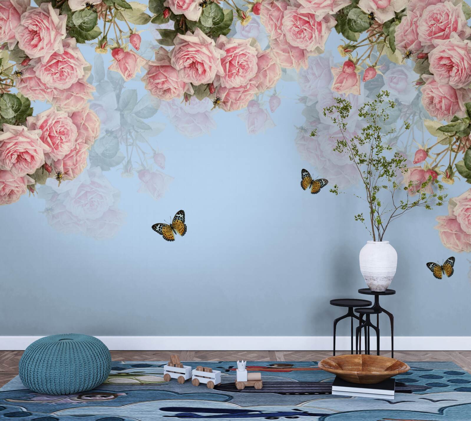 Fototapet trandafiri roz pe un fundal albastru