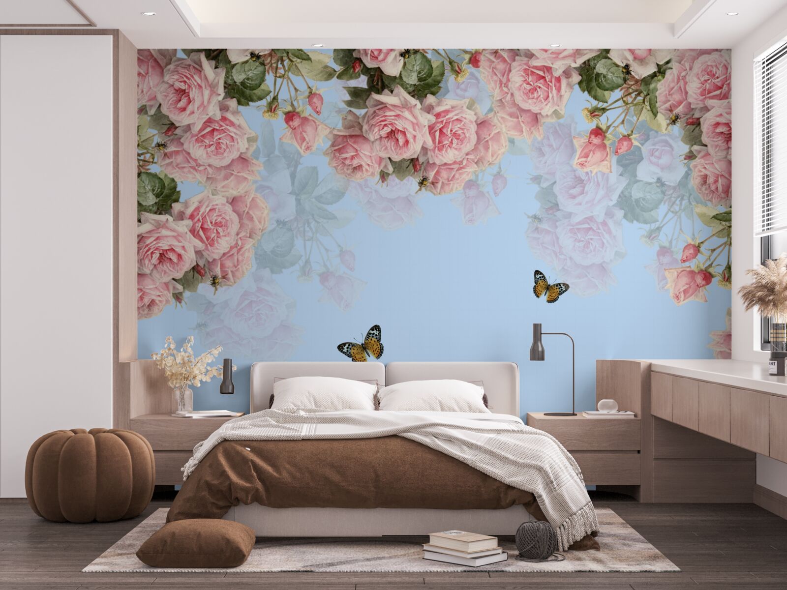 Fototapet trandafiri roz pe un fundal albastru