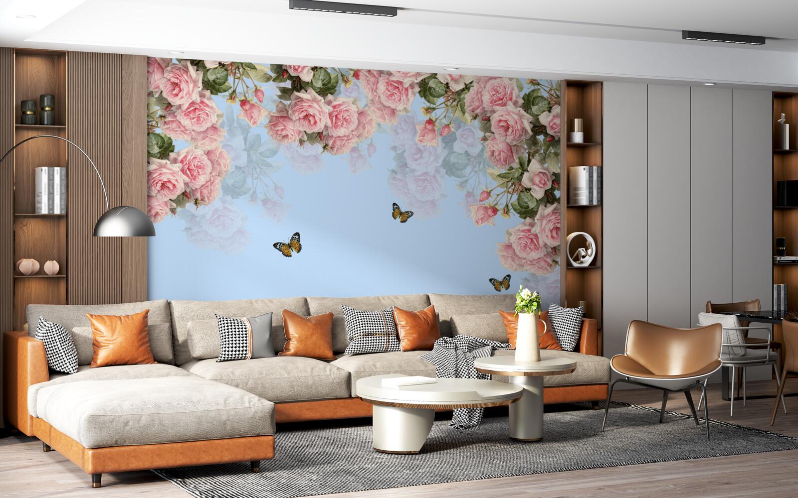 Fototapet trandafiri roz pe un fundal albastru