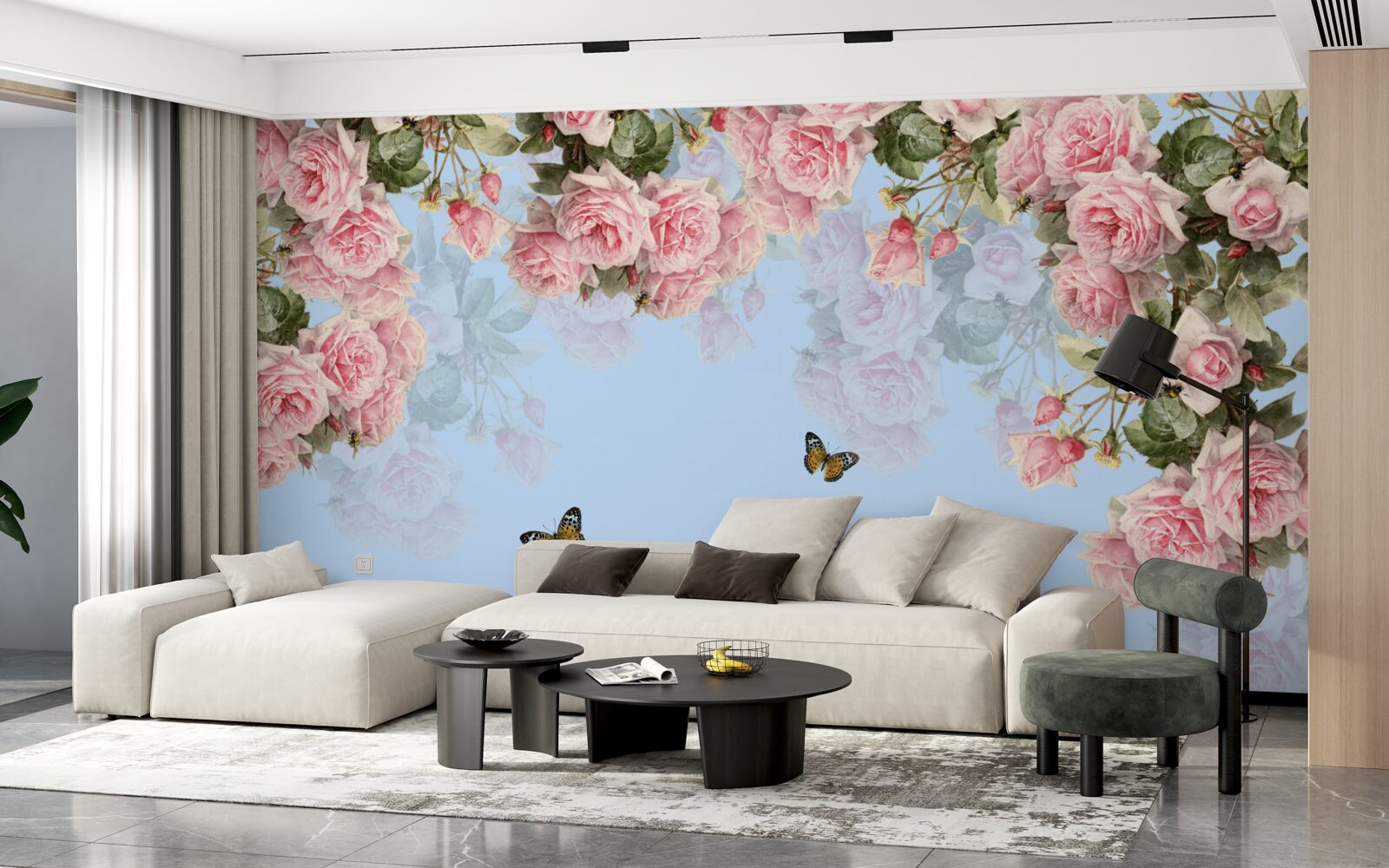 Fototapet trandafiri roz pe un fundal albastru