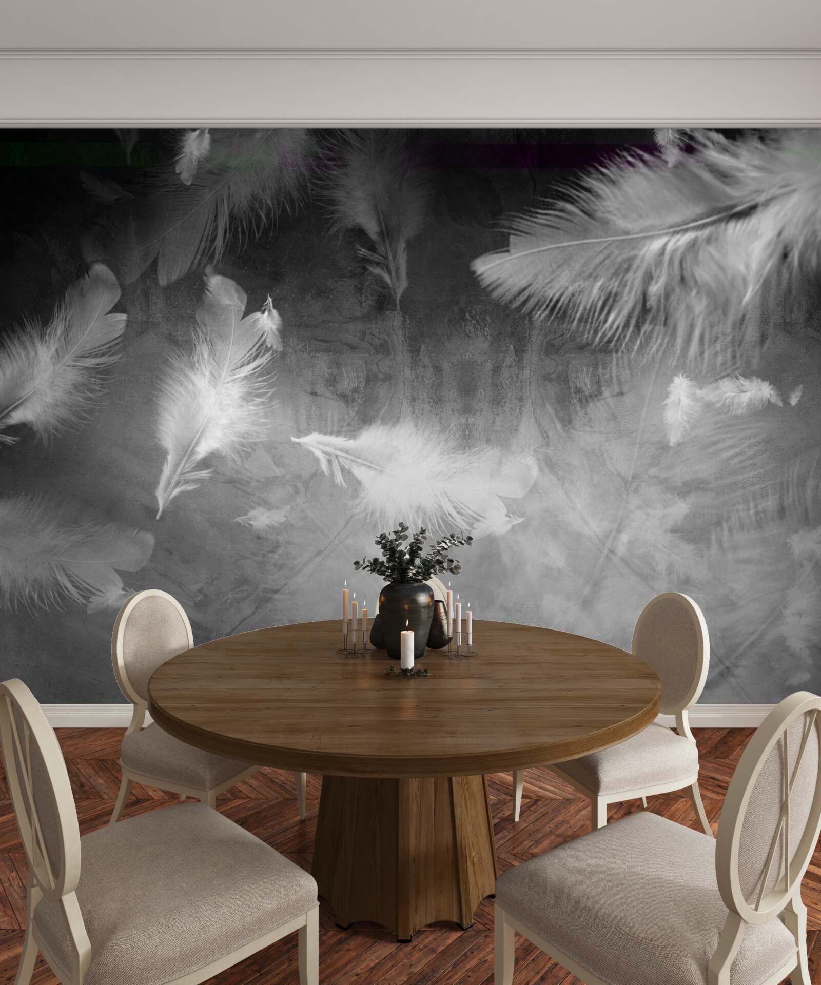 Fototapet fundalul gri este decorat cu pene albe