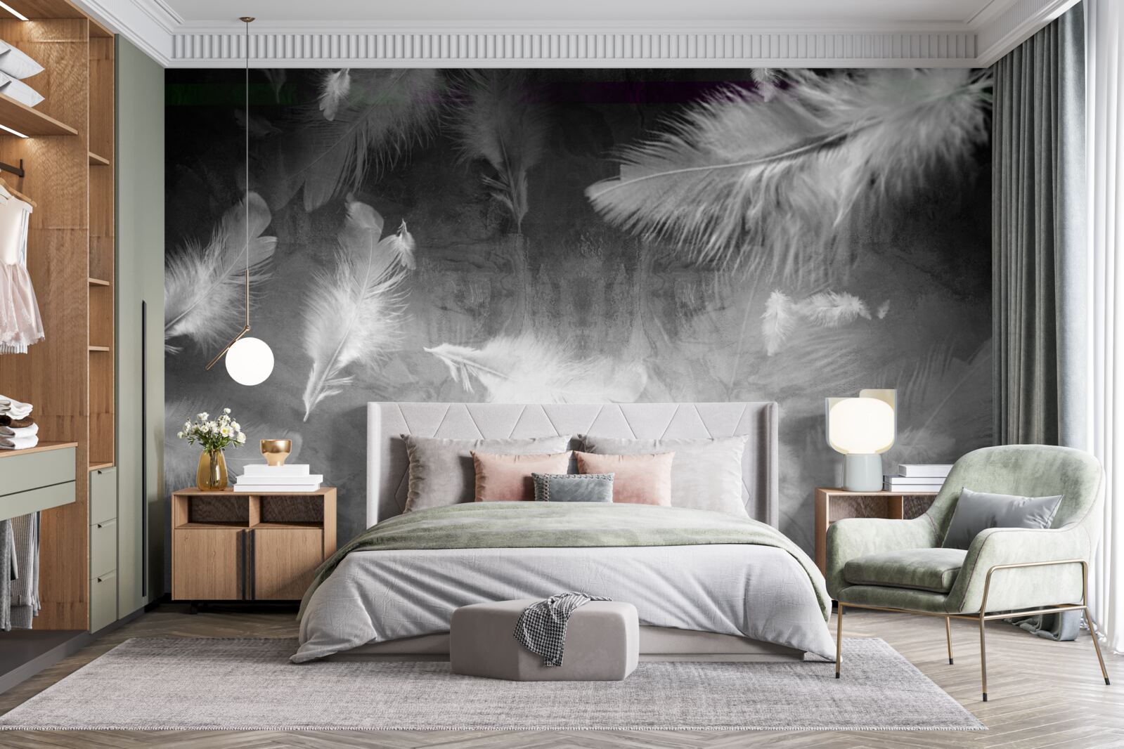 Fototapet fundalul gri este decorat cu pene albe