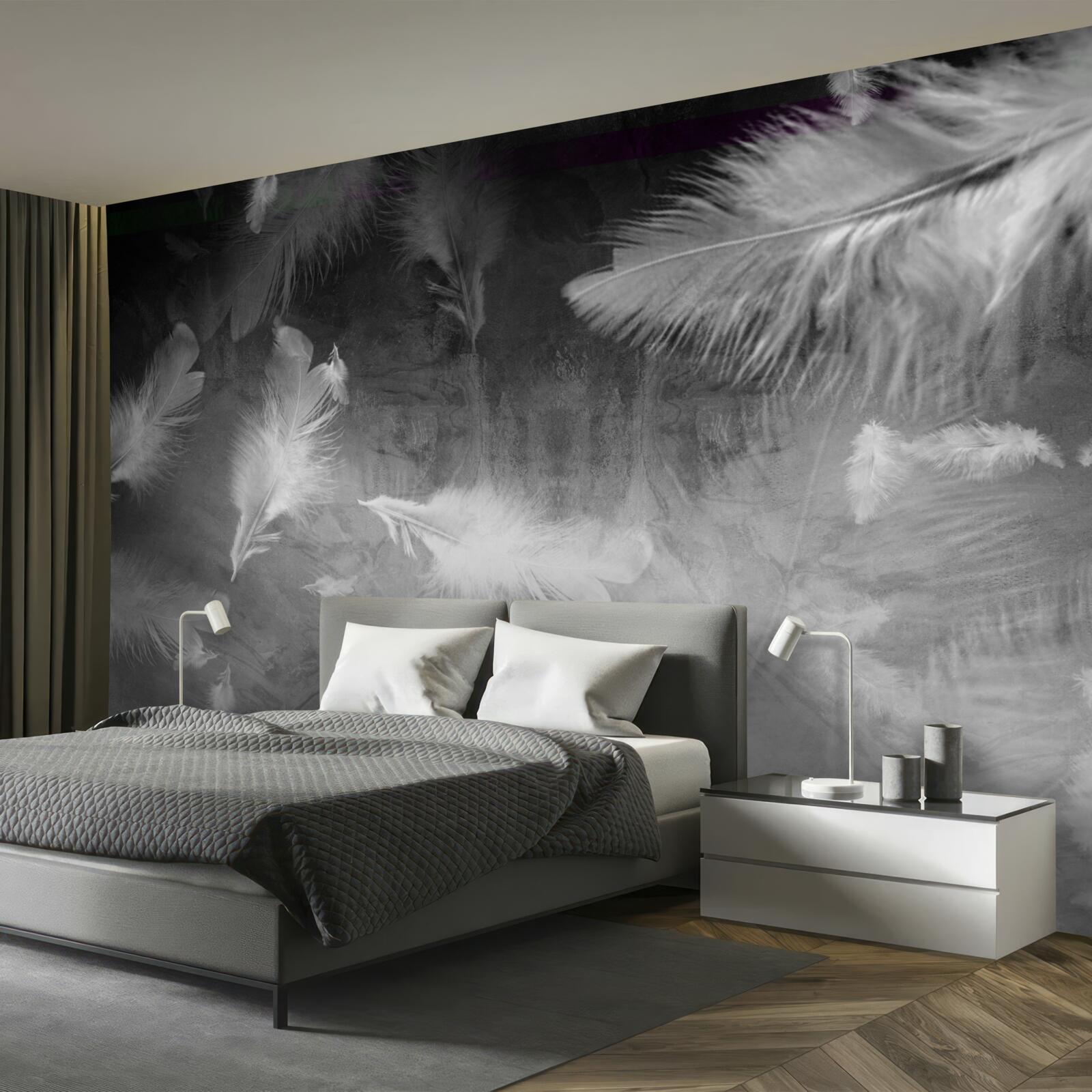 Fototapet fundalul gri este decorat cu pene albe
