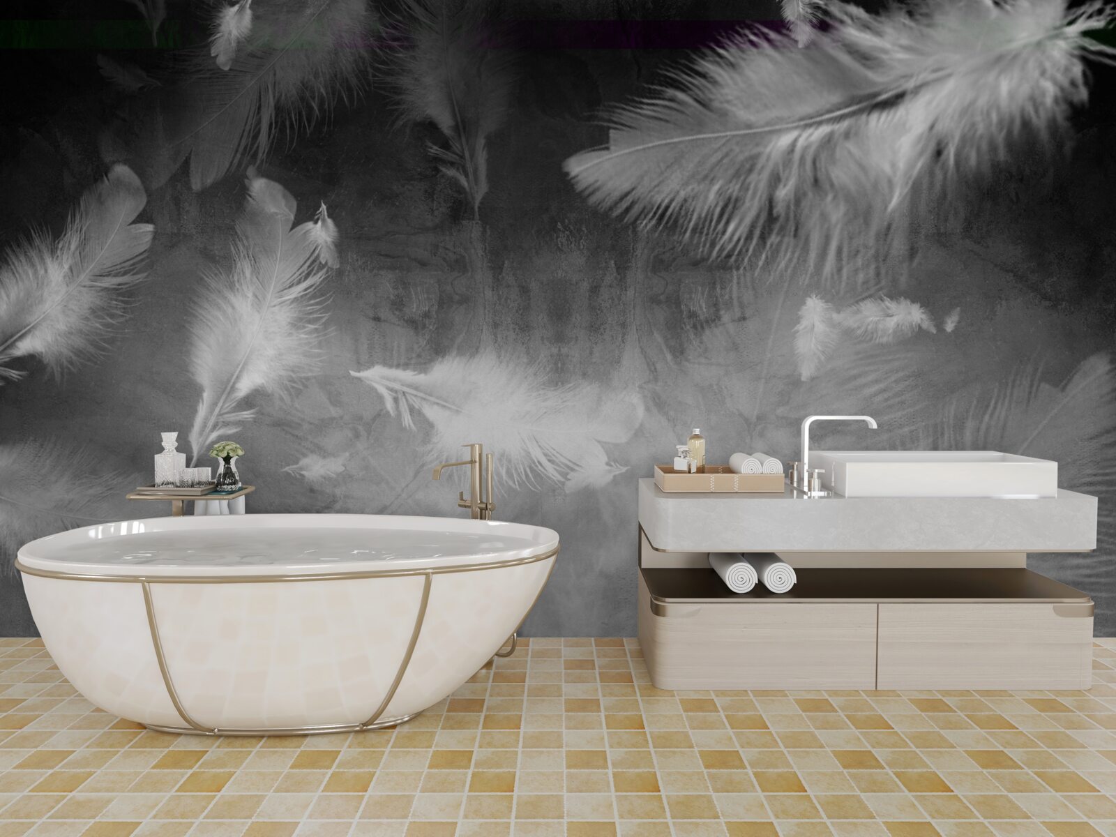 Fototapet fundalul gri este decorat cu pene albe