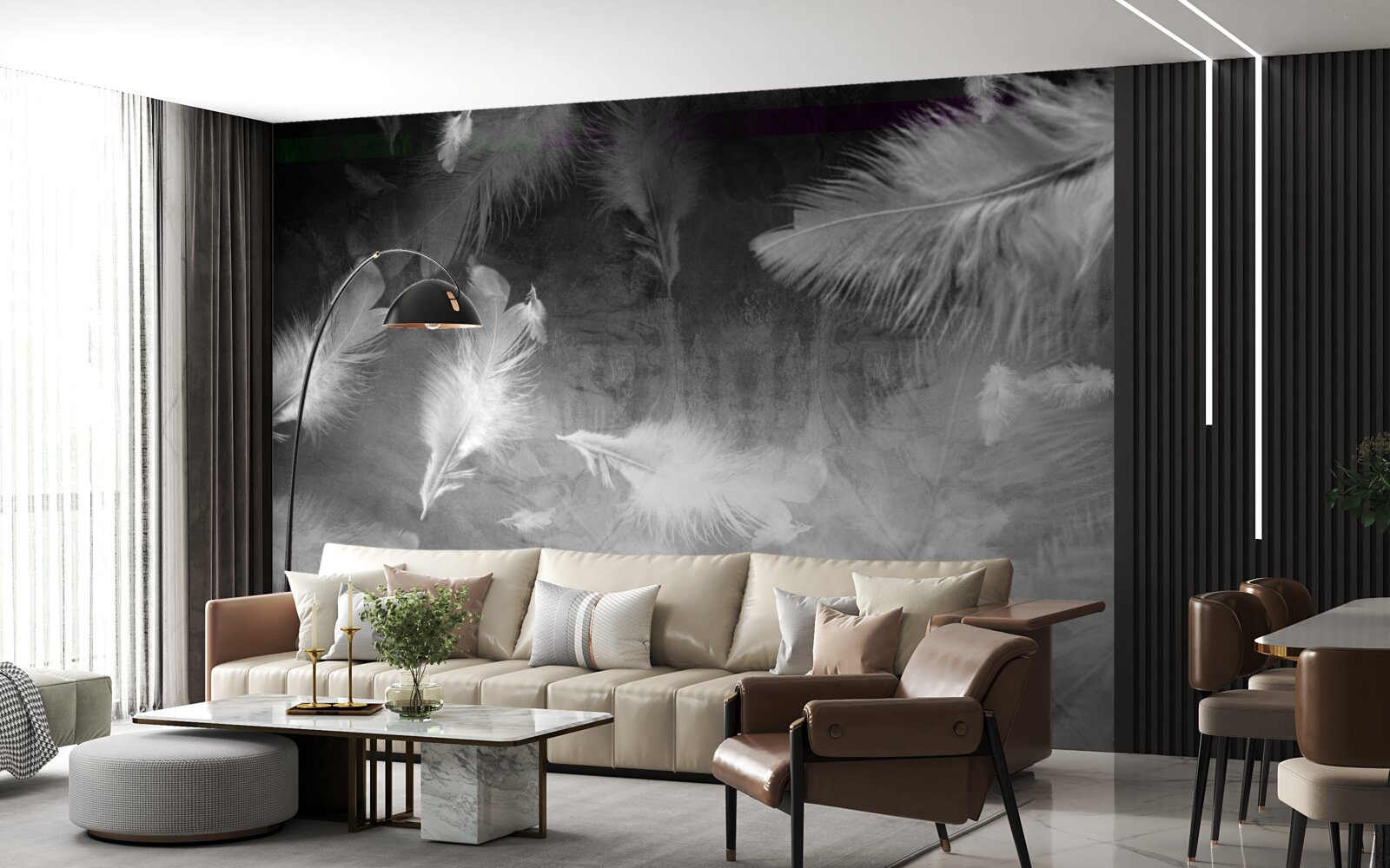 Fototapet fundalul gri este decorat cu pene albe