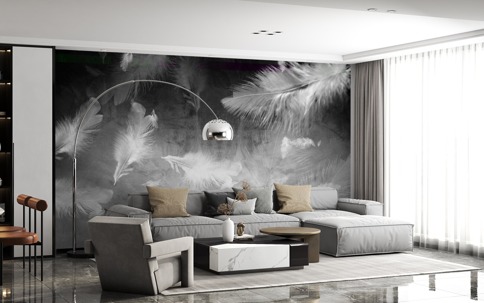 Fototapet fundalul gri este decorat cu pene albe