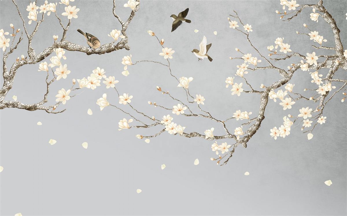 Fototapet păsări în cerc în jurul unui copac înflorit