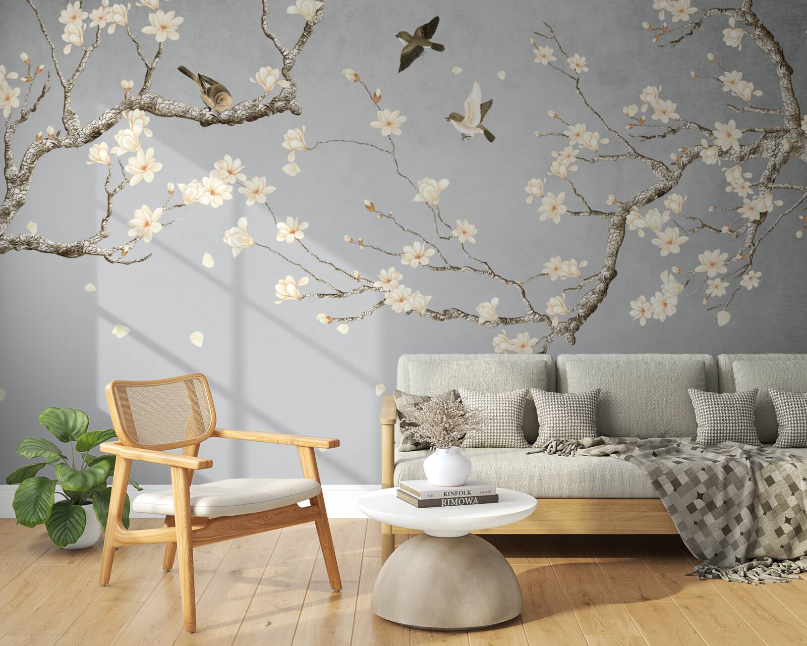 Fototapet păsări în cerc în jurul unui copac înflorit